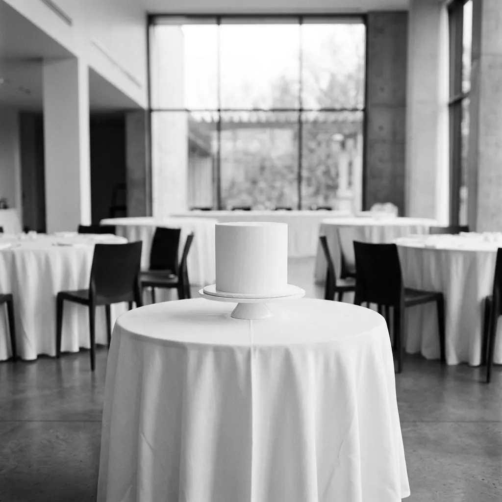 Torta de casamiento blanca cilíndrica de un solo piso completamente lisa sobre una mesa redonda vestida de blanco en el salón, más mesas redondas y ventanal suaves al fondo, estética editorial minimalista