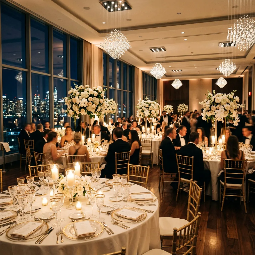 Salón de casamiento de noche con muchas mesas redondas vestidas de blanco, velas, centros de flores blancas y arañas de cristal