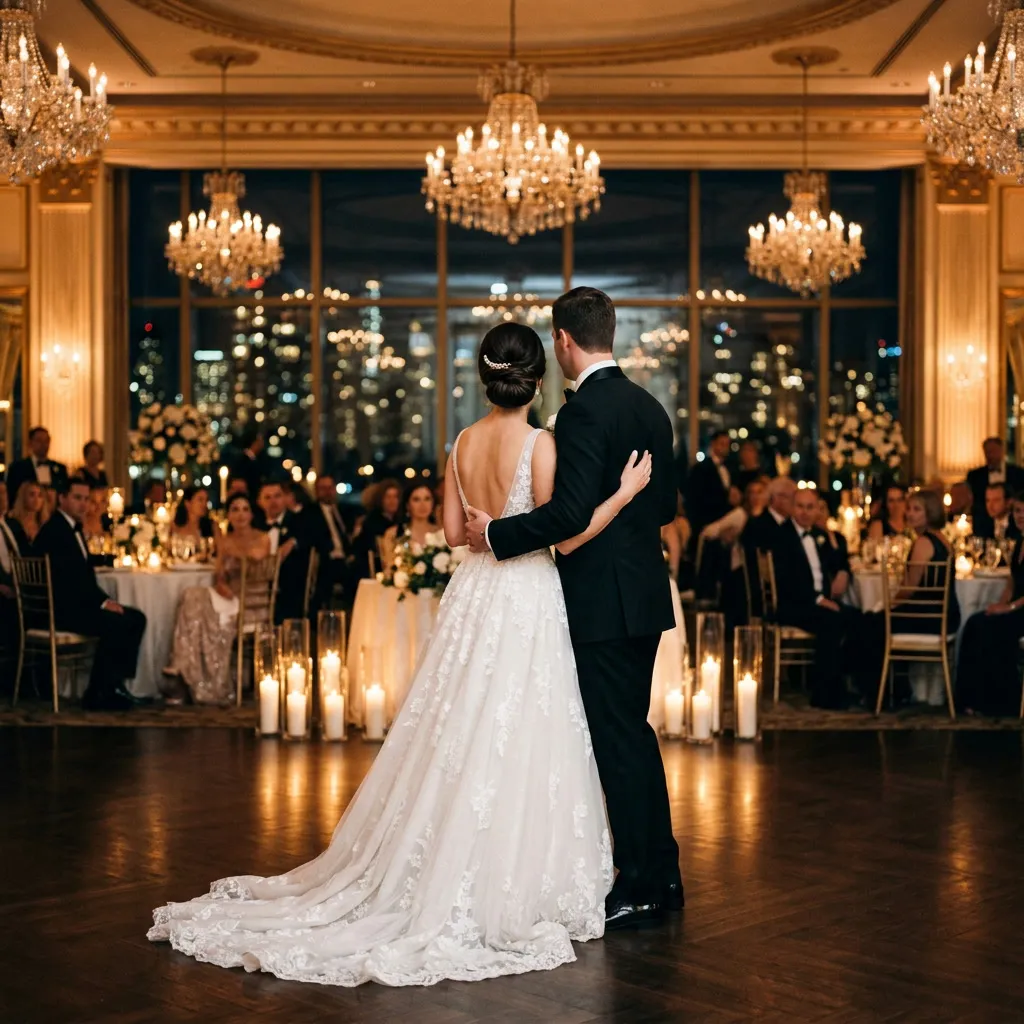 Novios de espaldas en su primer baile, la novia de vestido blanco y el novio de smoking, en el salón iluminado de noche