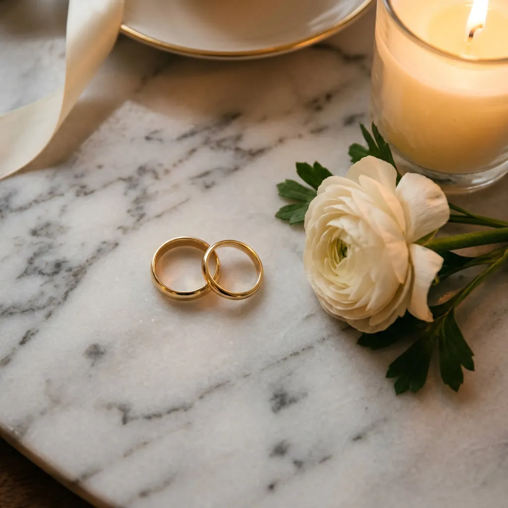 Anillos de casamiento dorados sobre una superficie de mármol pulido junto a una flor blanca con el reflejo cálido de una vela