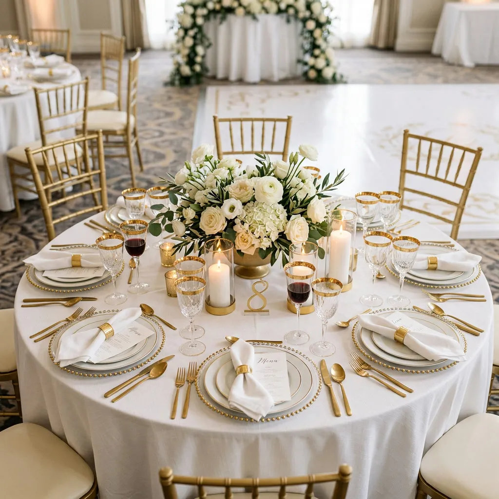 Vista cenital de una mesa de casamiento vestida de blanco con vajilla dorada, cristalería y centro de flores blancas y velas