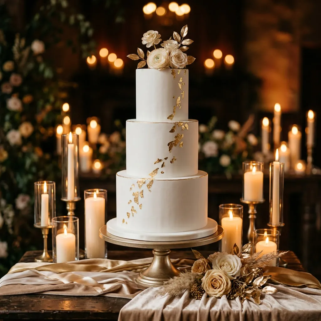 Torta de casamiento blanca de varios pisos con un detalle en pan de oro sobre soporte dorado y fondo cálido con velas