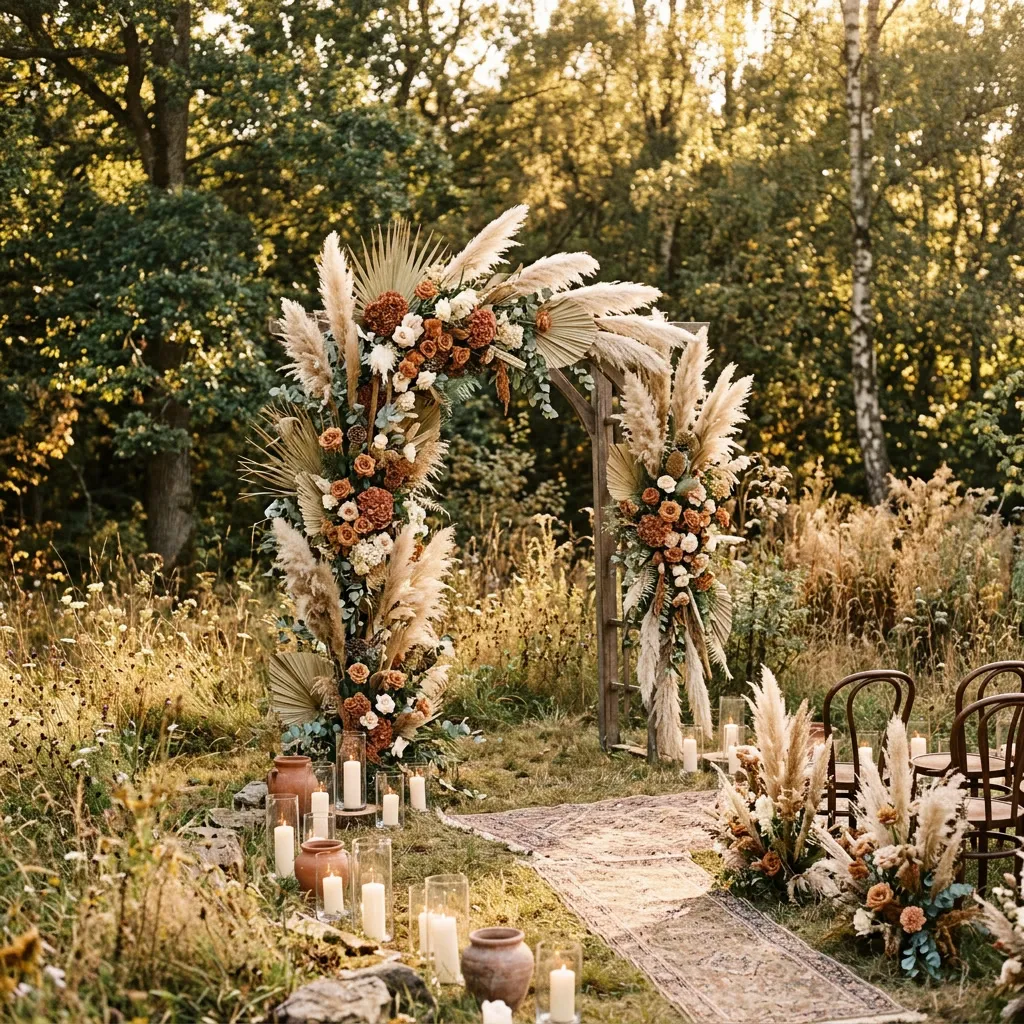 Arco de ceremonia de pampas grass y flores secas terracota en un claro del jardín con velas a sus pies