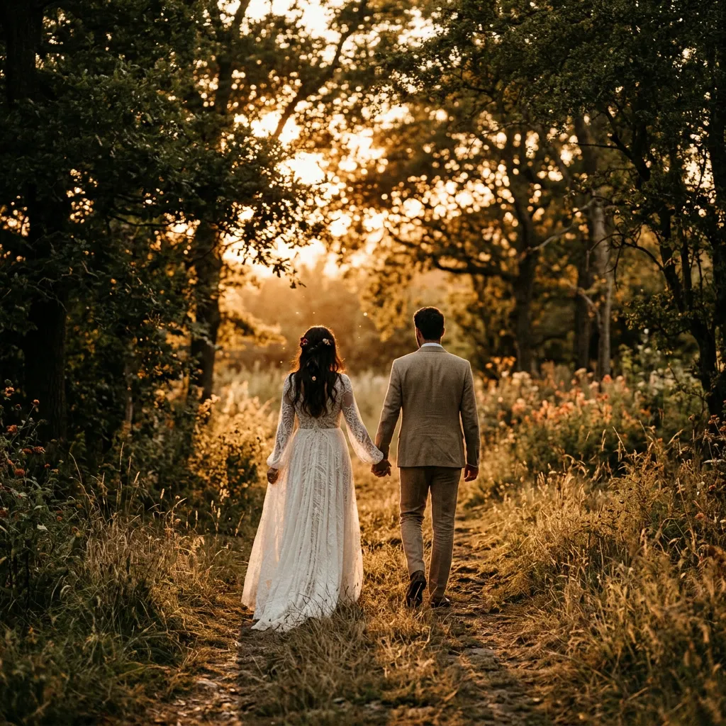 Pareja de novios de espaldas caminando por un claro del jardín entre árboles al atardecer