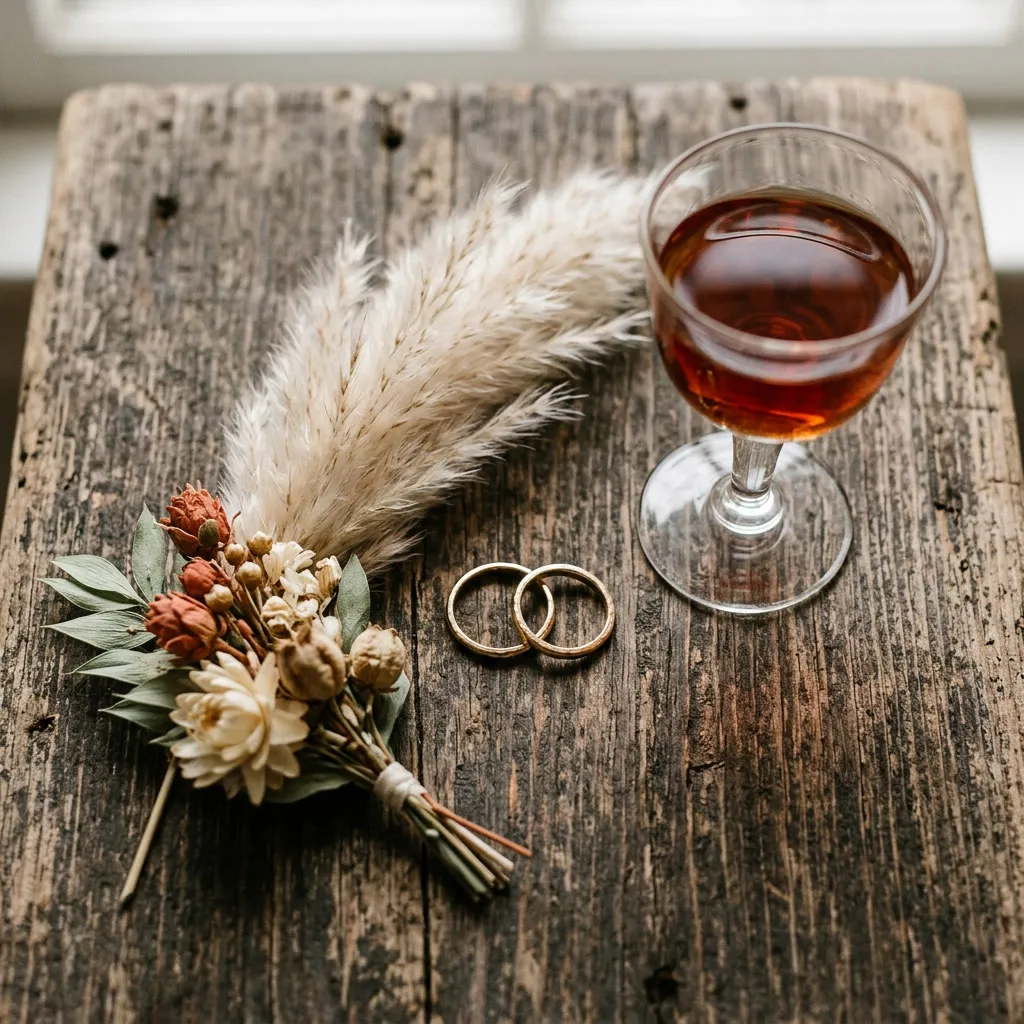 Anillos de boda dorados junto a una ramita de pampas grass y una copa de vino sobre madera rústica