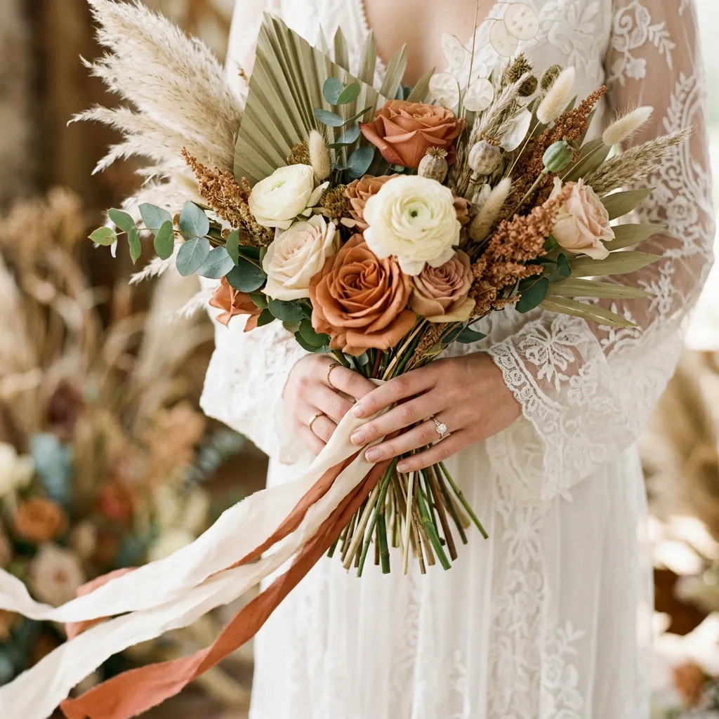 Manos de la novia sosteniendo un bouquet boho de pampas grass, flores secas y rosas terracota