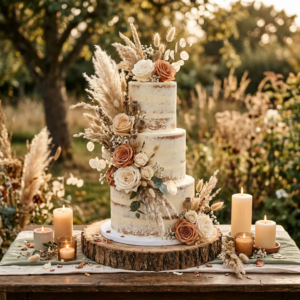 Torta de bodas semi-desnuda decorada con pampas y flores secas sobre soporte de madera, con árboles del jardín de fondo