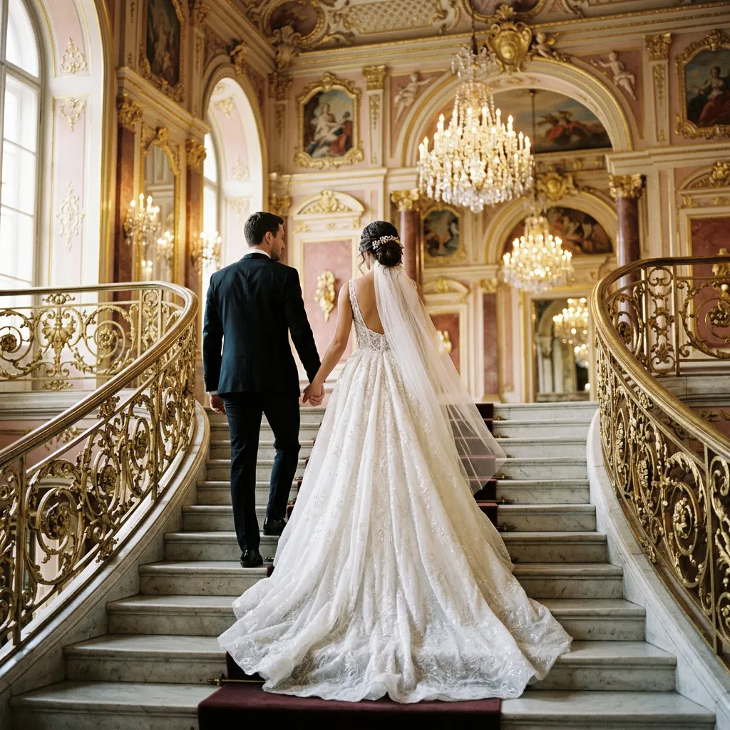 Pareja de novios subiendo de espaldas una escalera de mármol de palacio con balaustrada dorada
