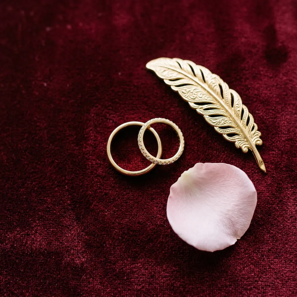 Anillos dorados sobre terciopelo oxblood junto a un pétalo de rosa rosa polvo y una pluma dorada