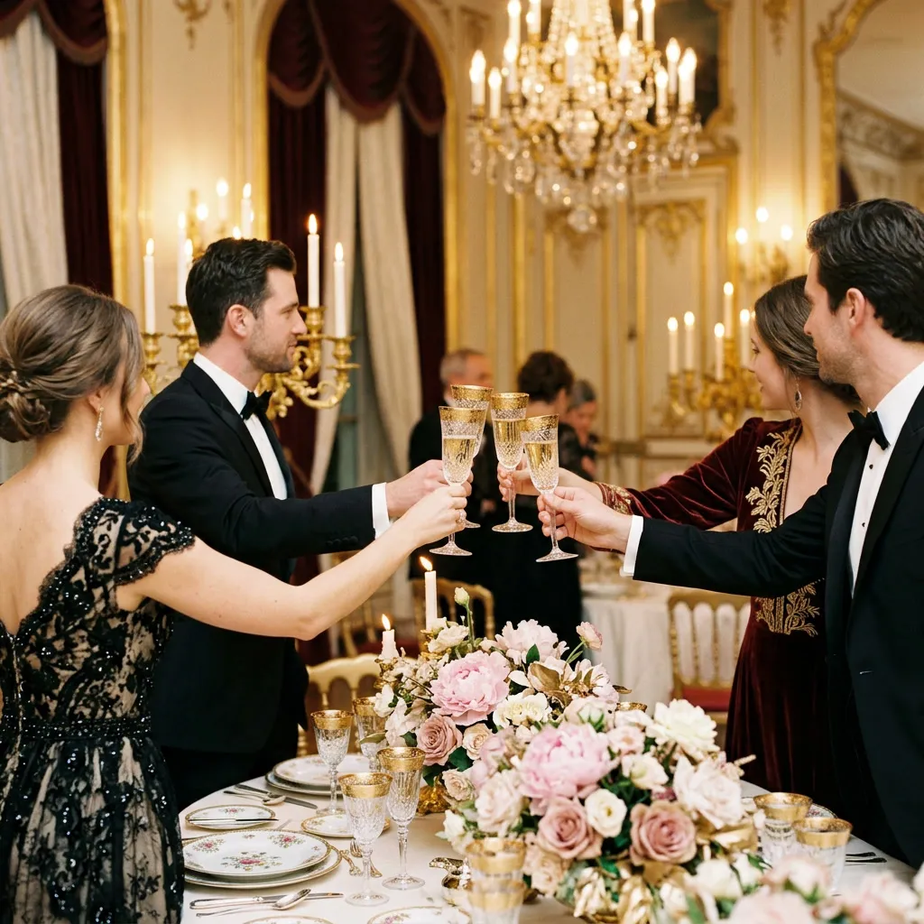 Mesa larga pastel con porcelana, candelabros dorados encendidos y arreglos de peonías rosa polvo