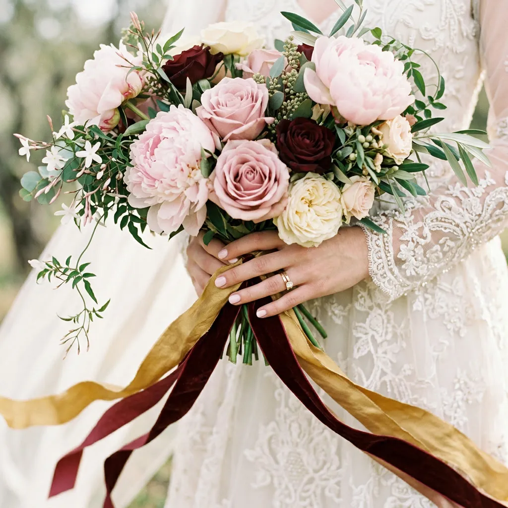 Manos de la novia sosteniendo un bouquet de peonías y rosas rosa polvo con cintas dorada y oxblood
