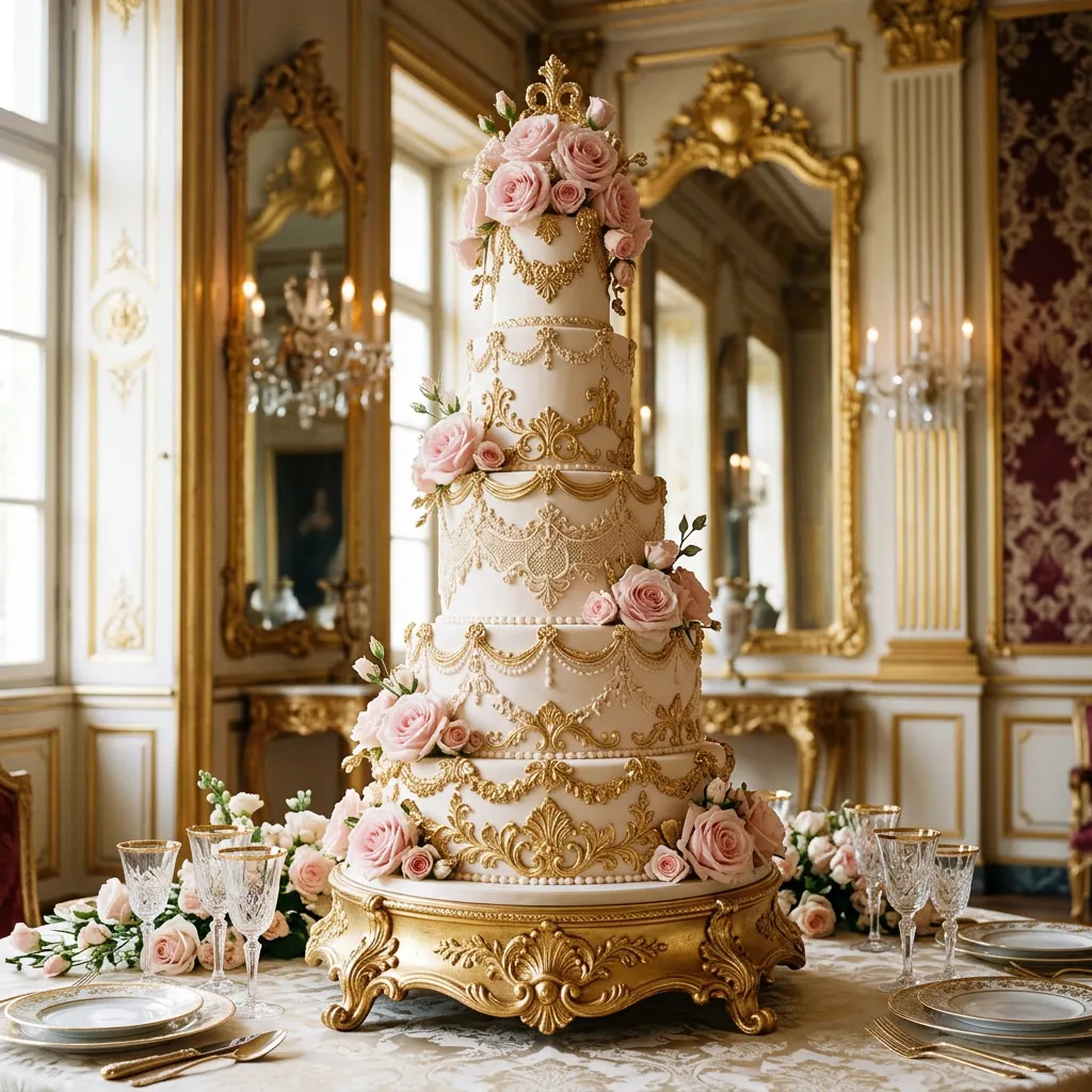 Torta de casamientos ornada estilo rococó con filigrana dorada y rosas rosa polvo sobre soporte dorado