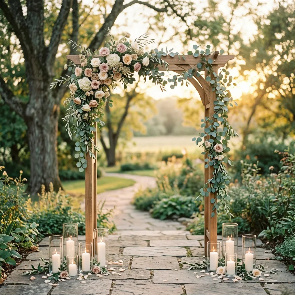 Arco ceremonial cubierto de rosas dusty pink e ivory con velas a sus pies