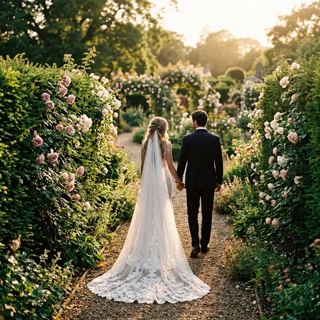 Pareja de novios caminando de espaldas por un sendero del jardín de rosas a golden hour