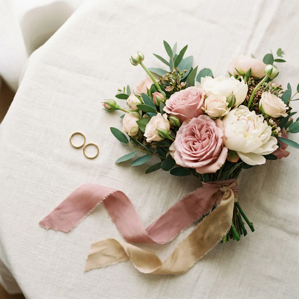 Anillos de boda dorados sobre lino ivory junto a ramillete de rosas dusty