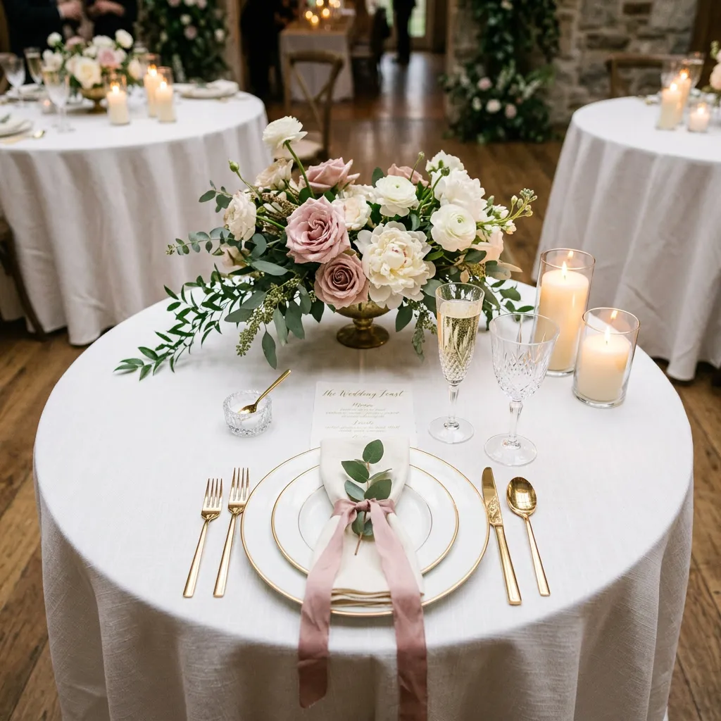 Mesa de recepción con vajilla blanca, copas de cristal y centro de rosas dusty con velas