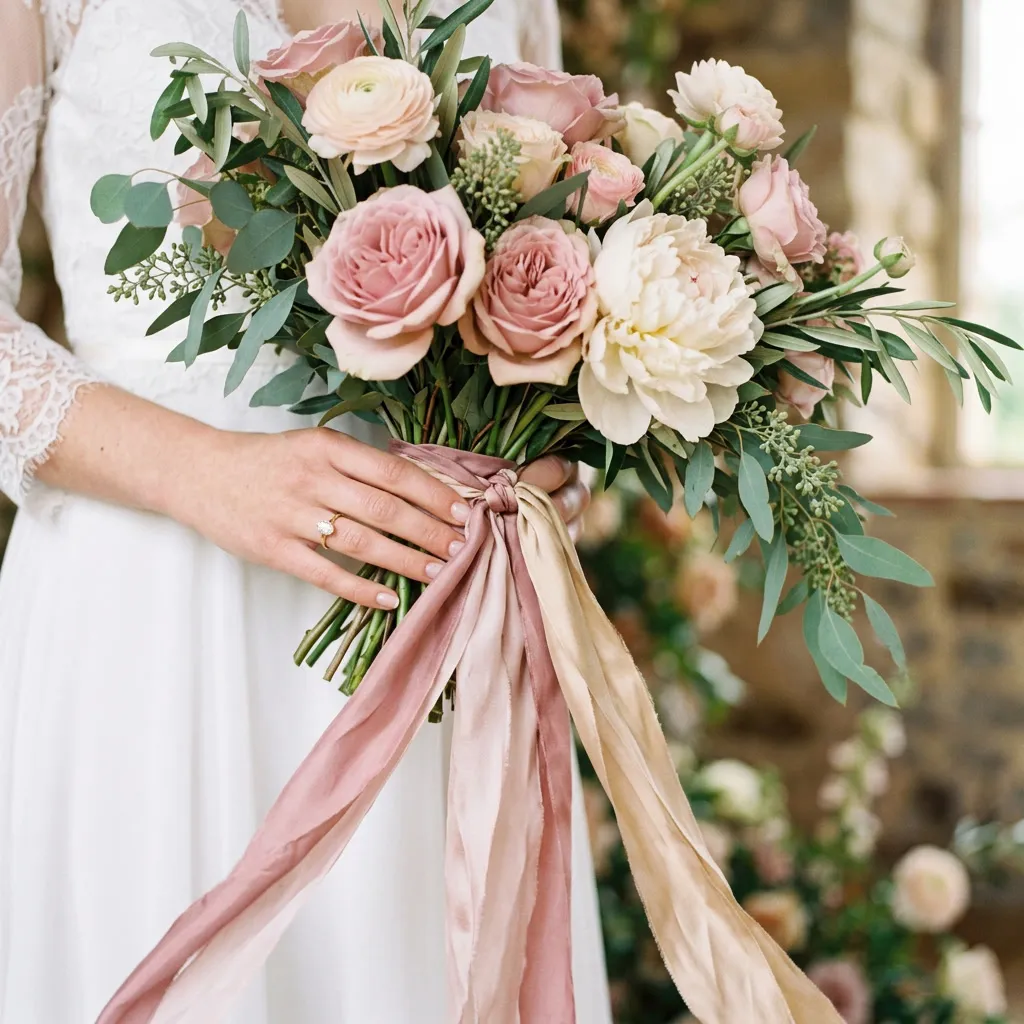 Manos de la novia sosteniendo bouquet de rosas dusty pink y peonias ivory
