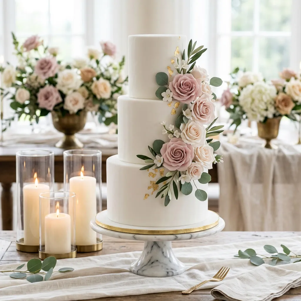 Torta de bodas blanca de tres pisos con cascada de rosas dusty pink y detalles dorados
