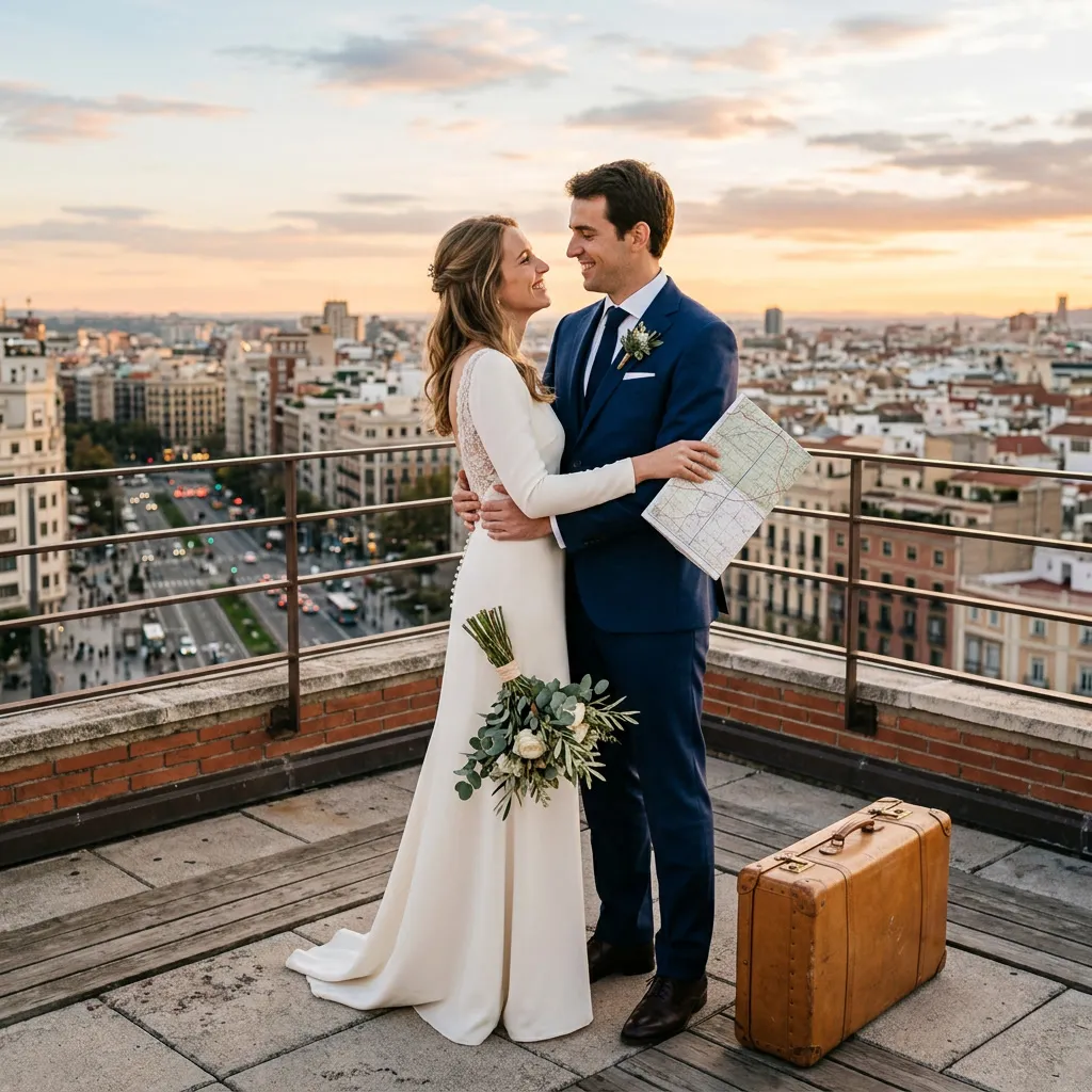 Novios abrazados en una terraza con vista al atardecer y una valija de cuero al lado