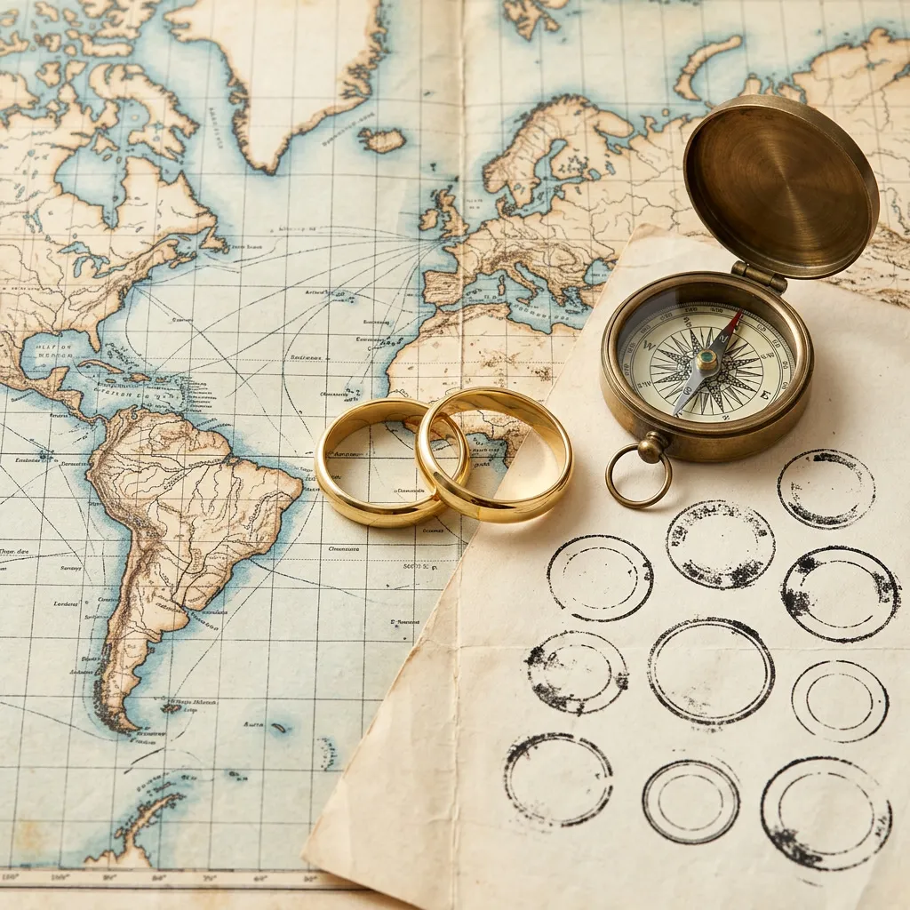 Dos alianzas de oro sobre un mapa antiguo junto a una brújula de latón
