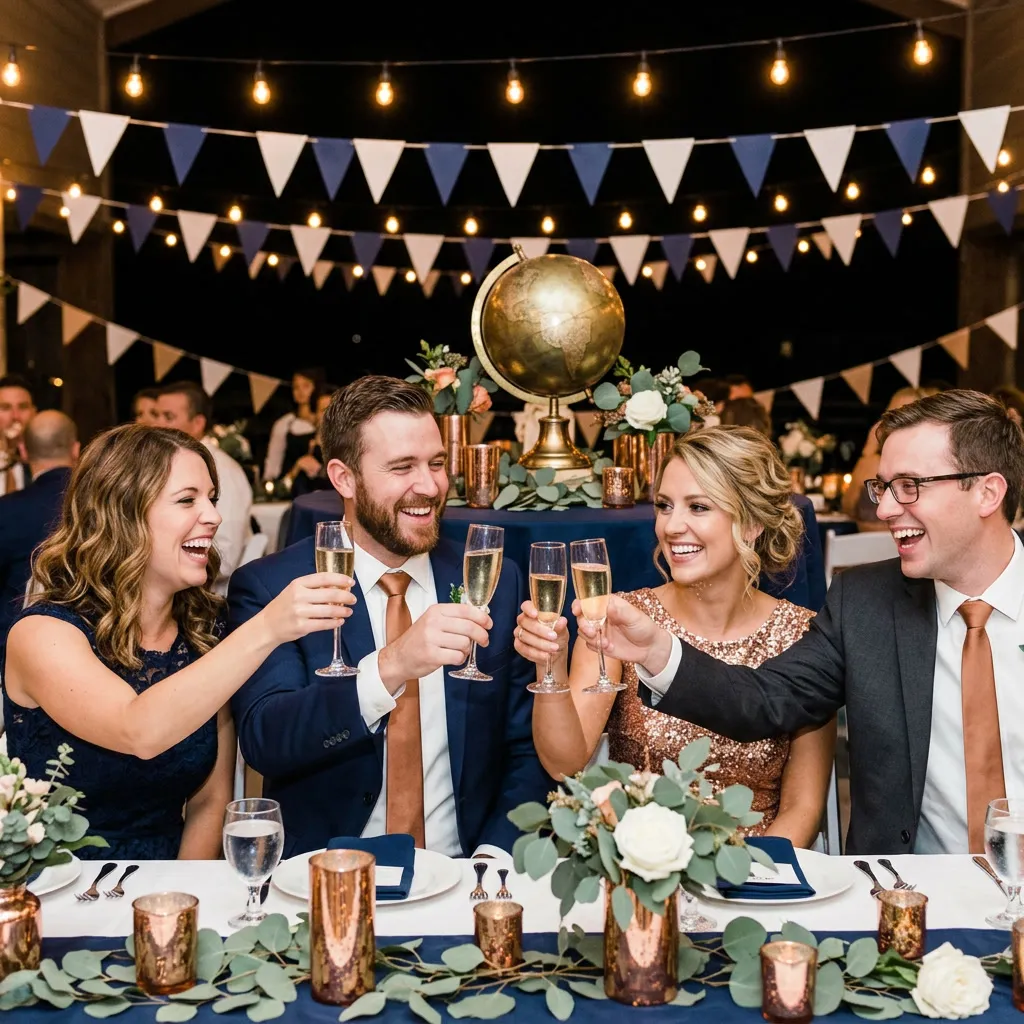 Invitados brindando en la fiesta con banderines y decoración de viaje detrás
