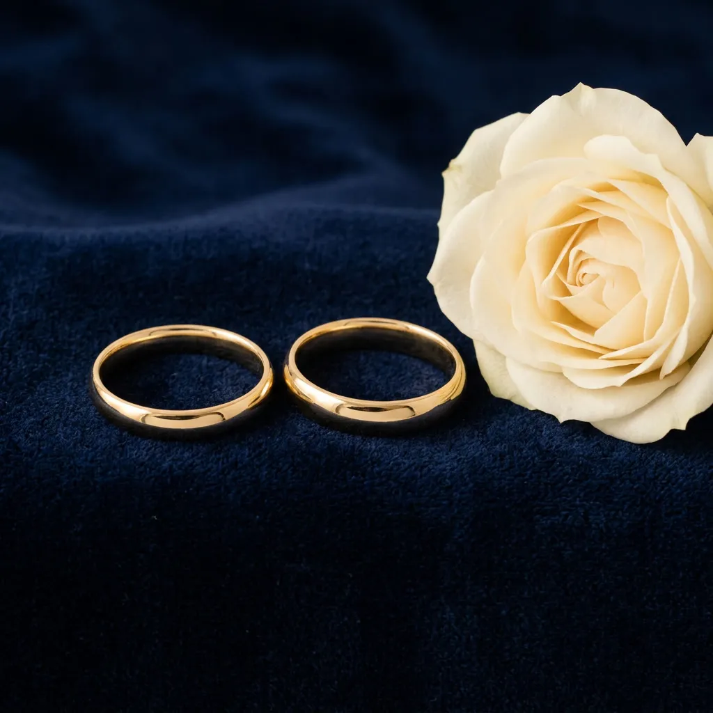 Dos alianzas de oro sobre terciopelo azul marino junto a una rosa crema