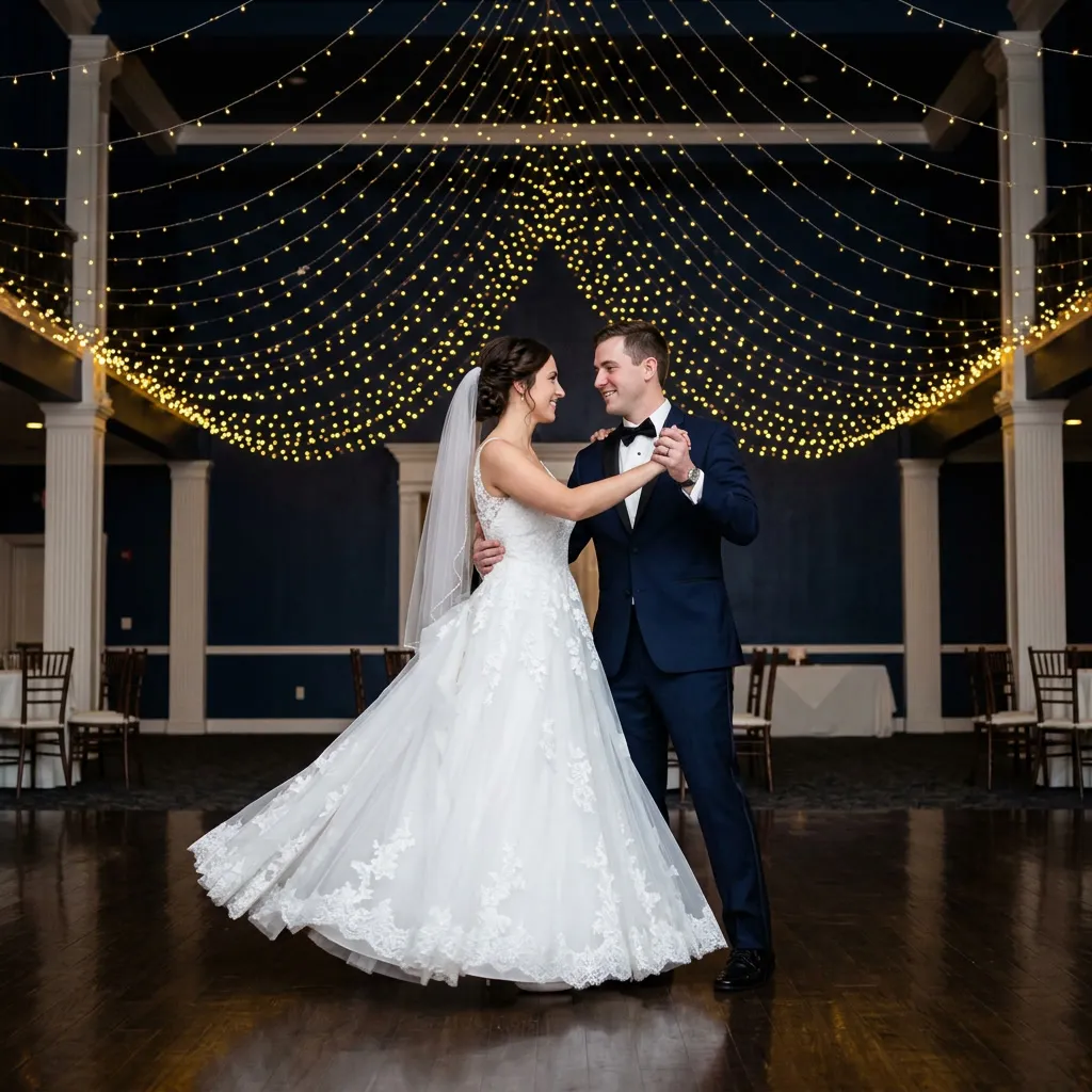 Novios en su primer baile bajo un cielo de luces doradas en un salón azul marino