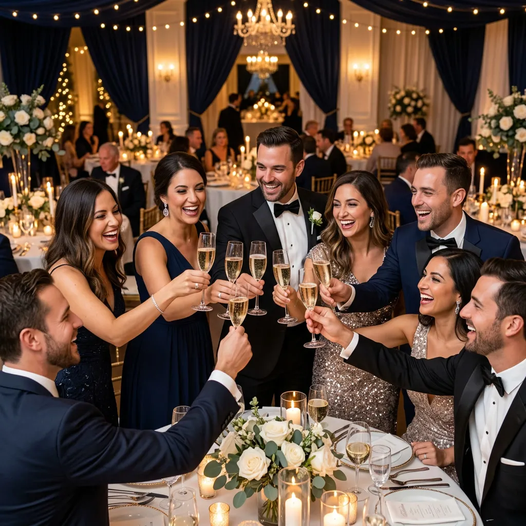 Invitados elegantes brindando con copas de champagne en la recepción nocturna