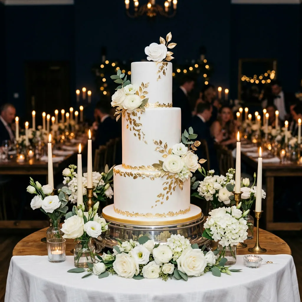 Torta de casamiento blanca de tres pisos con detalles en oro, rodeada de velas y flores blancas