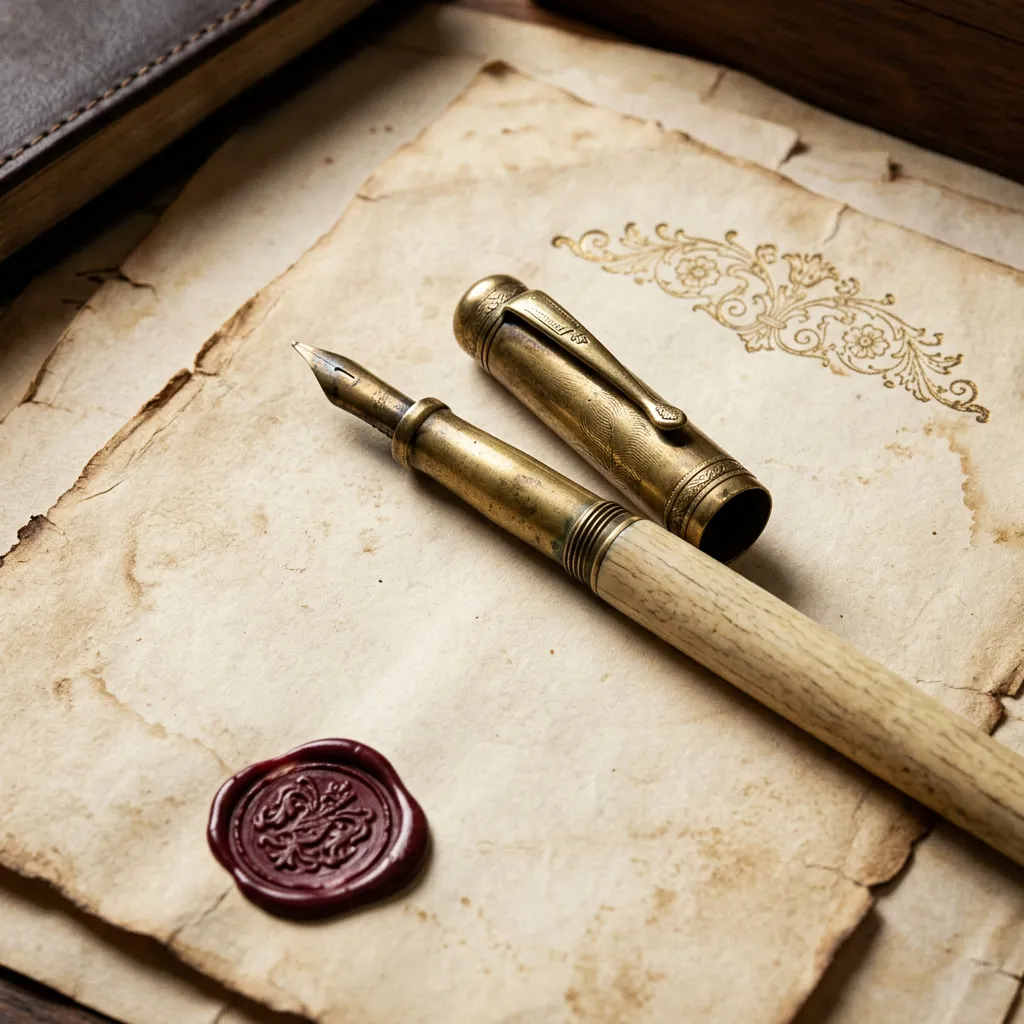 Pluma estilográfica de bronce sobre pergamino sepia con sello de cera burgundy