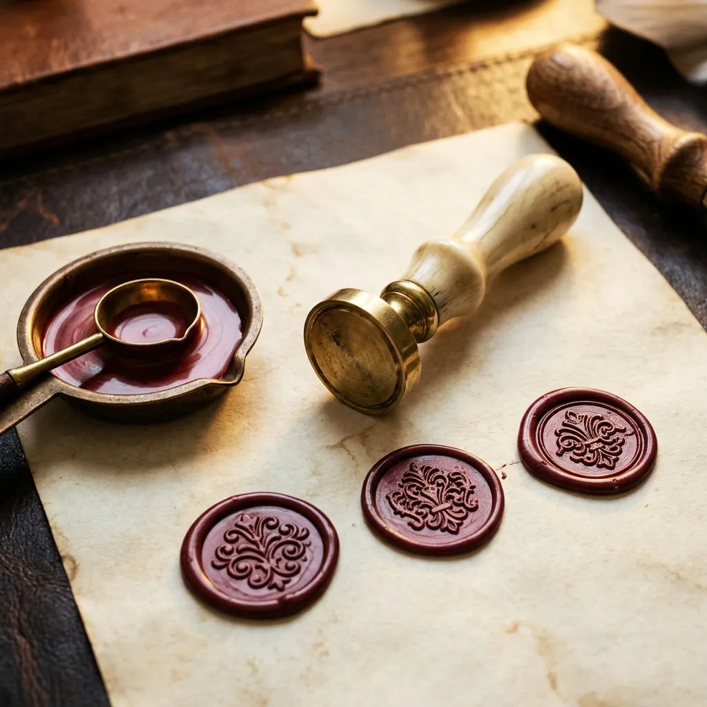 Sello de lacre de bronce con tres sellos burgundy pressed en pergamino sepia