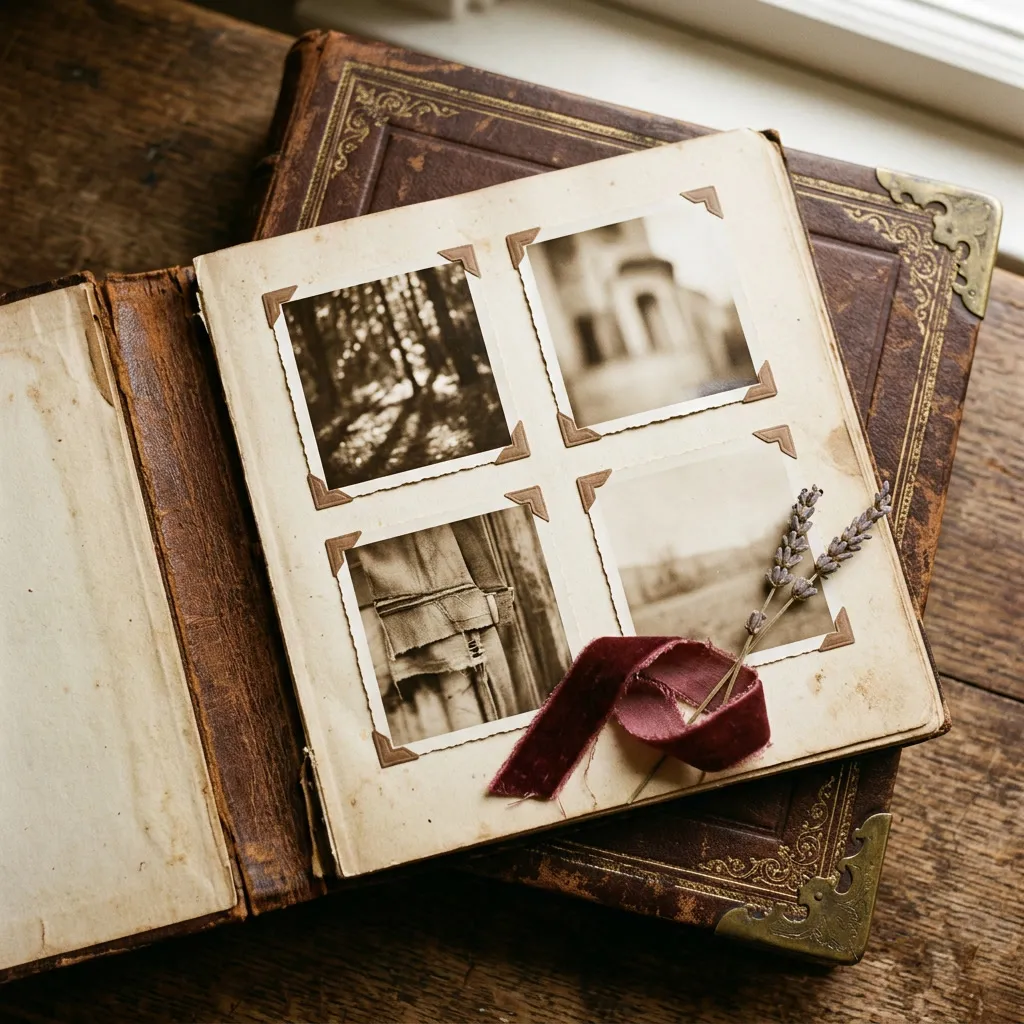 Álbum de fotografías sepia encuadernado en cuero chocolate con esquinas de bronce