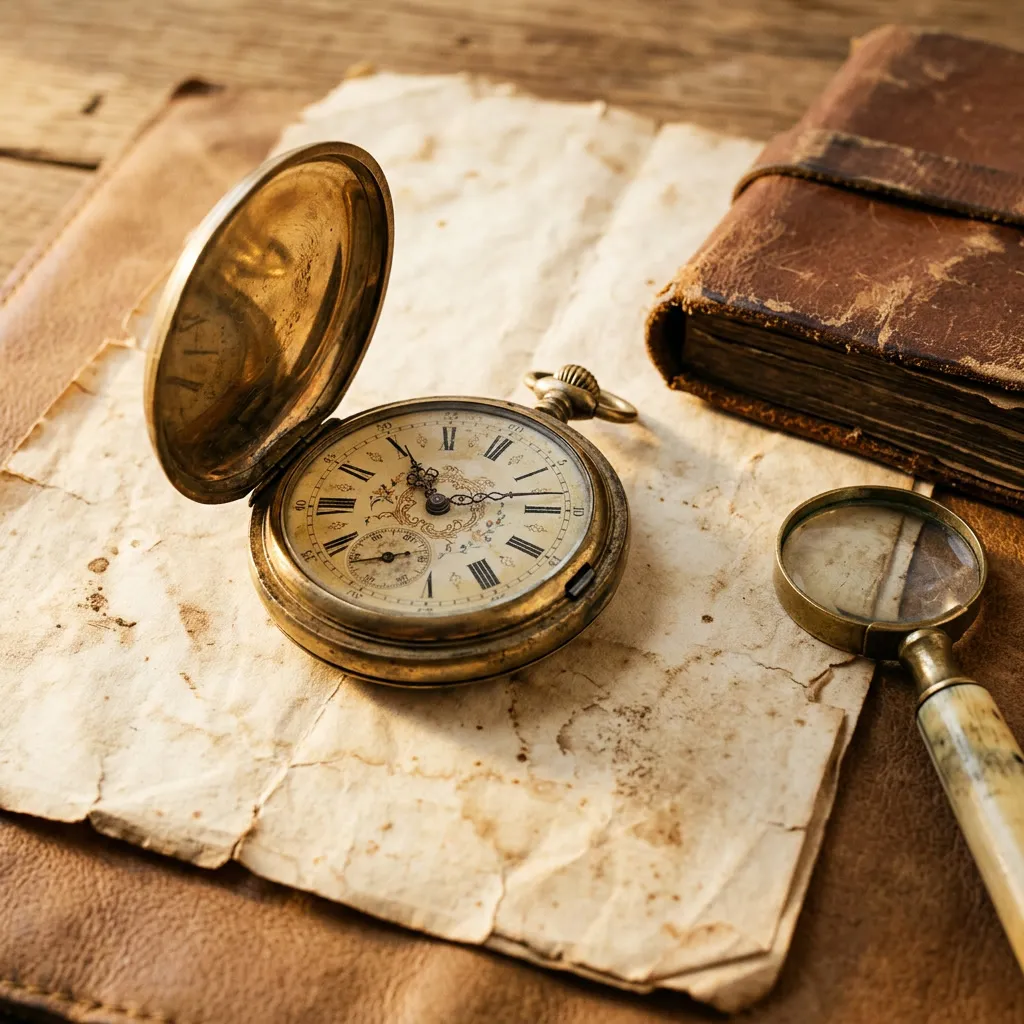 Reloj de bolsillo abierto sobre pergamino con cuaderno de cuero y lupa de bronce