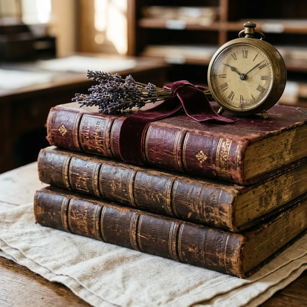 Tres libros encuadernados en cuero burgundy y chocolate apilados con reloj de bronce y lavanda seca
