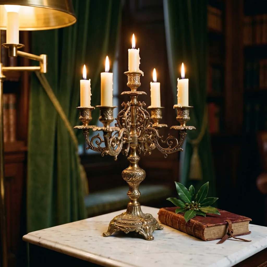 Candelabro de bronce sobre mármol cream con velas encendidas y libro de cuero burgundy
