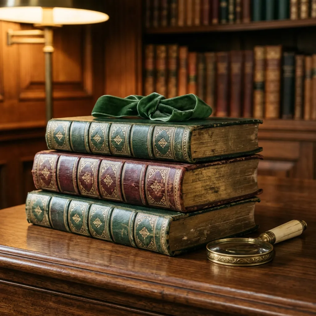 Pila de libros encuadernados en cuero burgundy y verde forest con tooling dorado