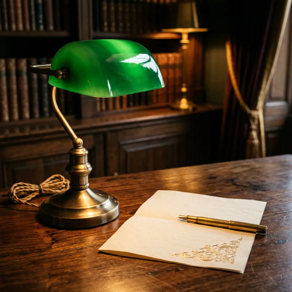Lámpara de banquero de bronce con pantalla verde esmeralda sobre escritorio de nogal