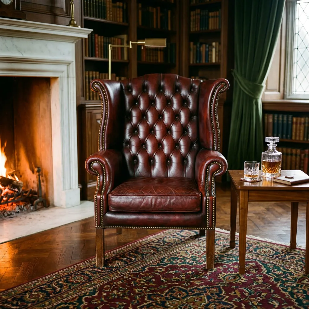 Sillón wingback de cuero burgundy junto a chimenea de mármol con decantador de whisky