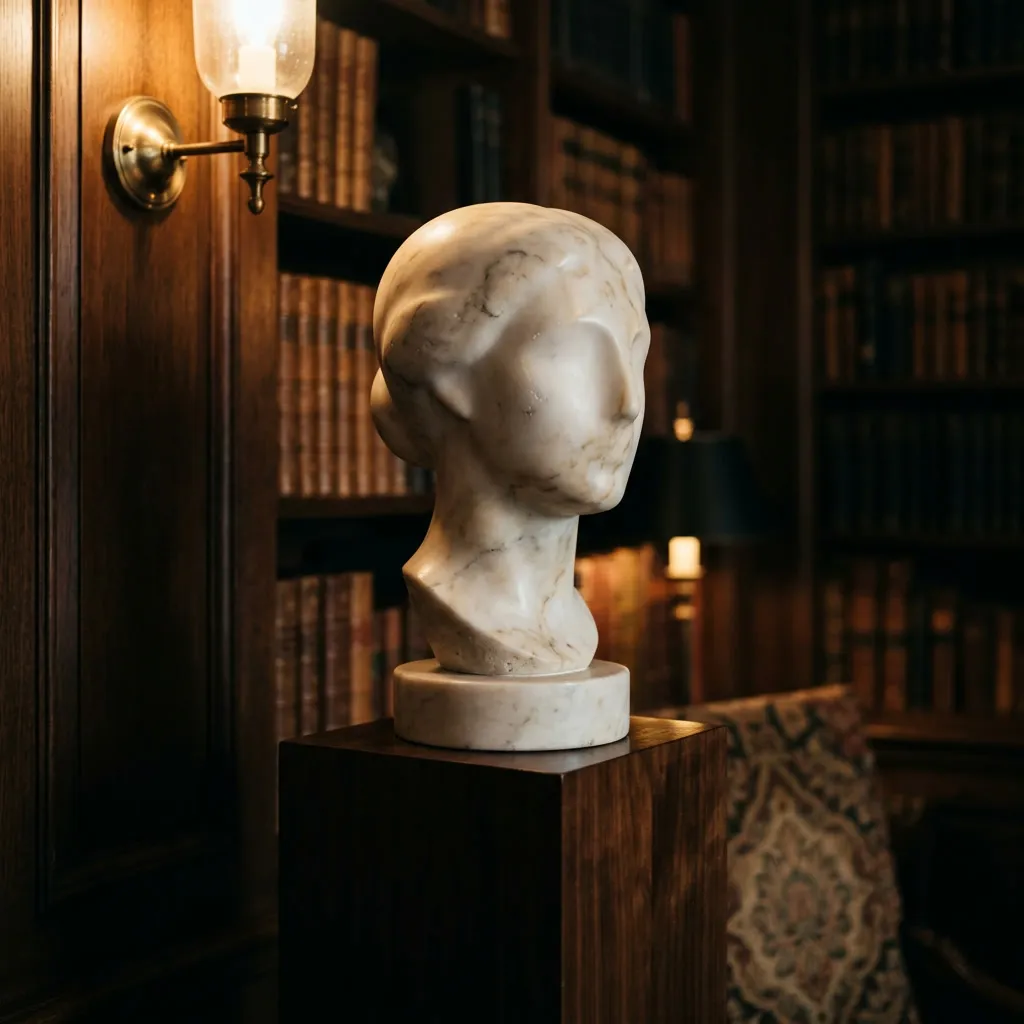 Busto de mármol clásico sobre plinto de nogal iluminado por aplique de bronce