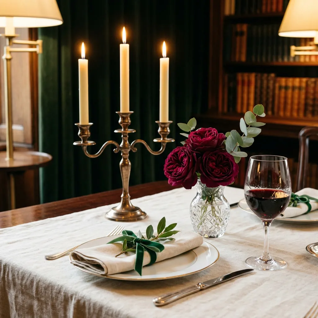 Mesa de cena heritage con candelabro de bronce, rosas burgundy y copa de vino tinto