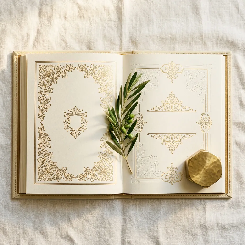 Libro institucional de cuero ivory abierto con ornamento de hoja dorada sobre mantel de lino crema
