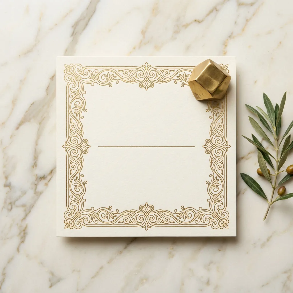 Invitación de cartulina ivory con embossing dorado sobre superficie de mármol con olivo