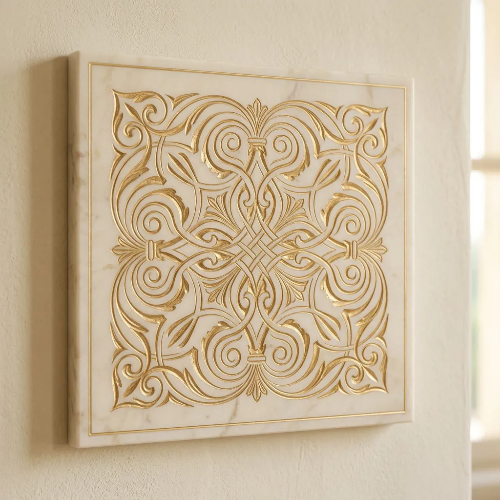 Placa de mármol ivory con ornamento decorativo grabado en dorado sutil