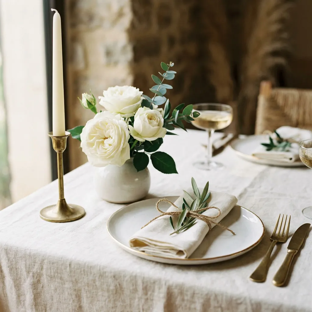 Mesa editorial con candelabro de bronce, rosas blancas, eucalipto y servilleta de lino ivory