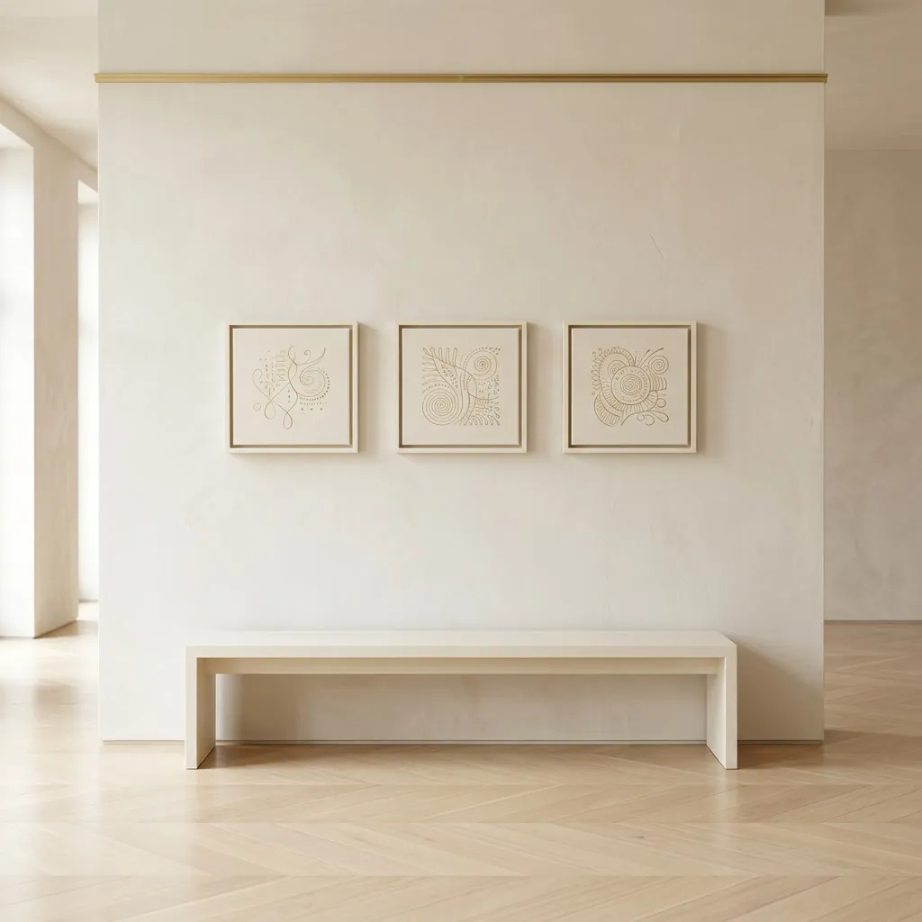 Pared ivory con tres lienzos enmarcados en fila bajo riel de cuadros de bronce, banco de madera al pie