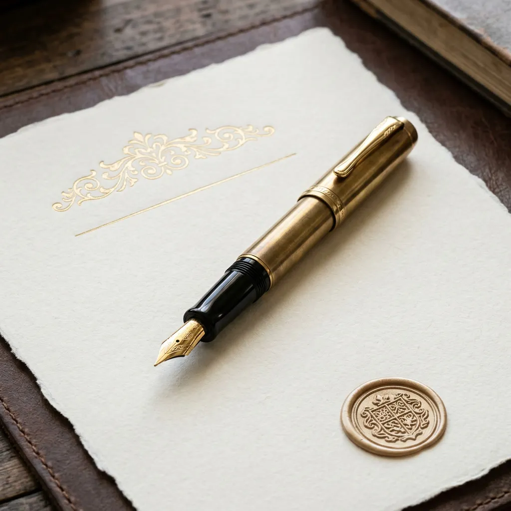 Pluma estilográfica de bronce sobre pergamino ivory con embossing dorado y sello de cera