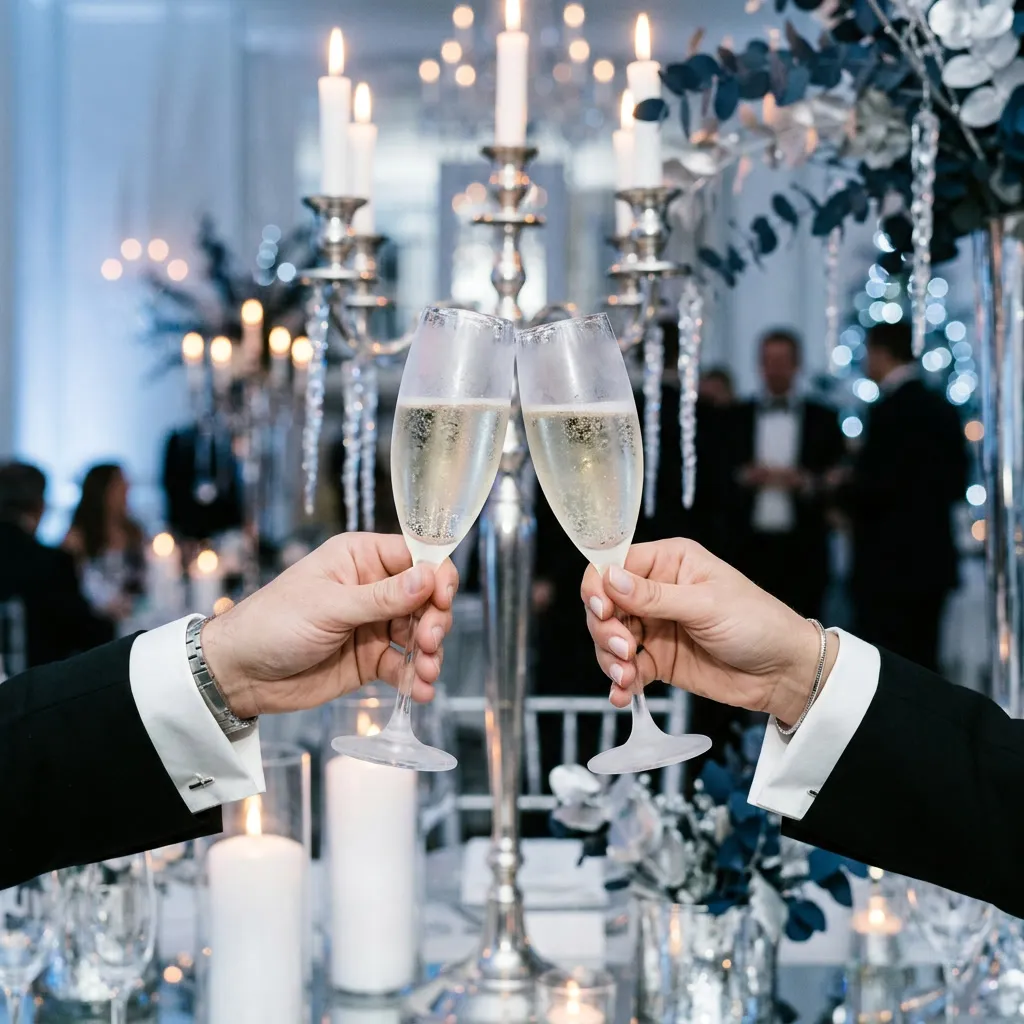 Dos copas de champagne frosted sobre mantel blanco silk junto a candelabro plateado y eucalipto plateado
