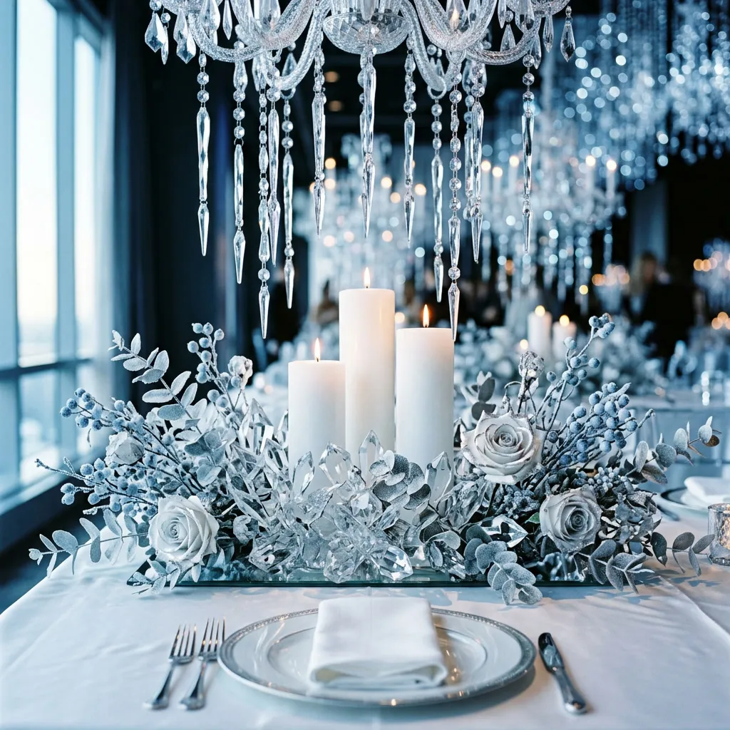 Centro de mesa plateado con cristales colgantes, velas blancas y eucalipto plateado sobre mantel silk