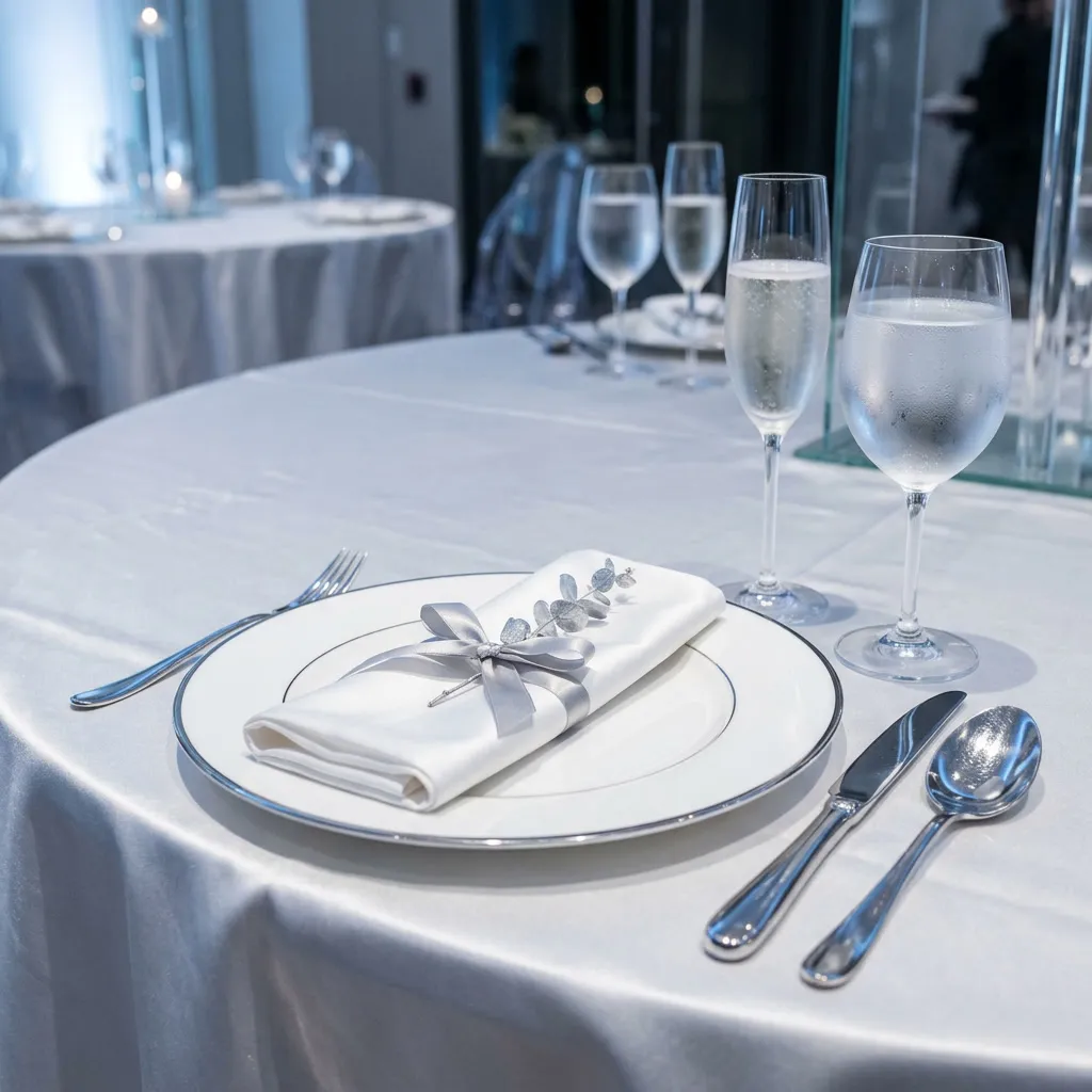 Place setting winter con plato borde plateado, servilleta silk con cinta plata y eucalipto plateado