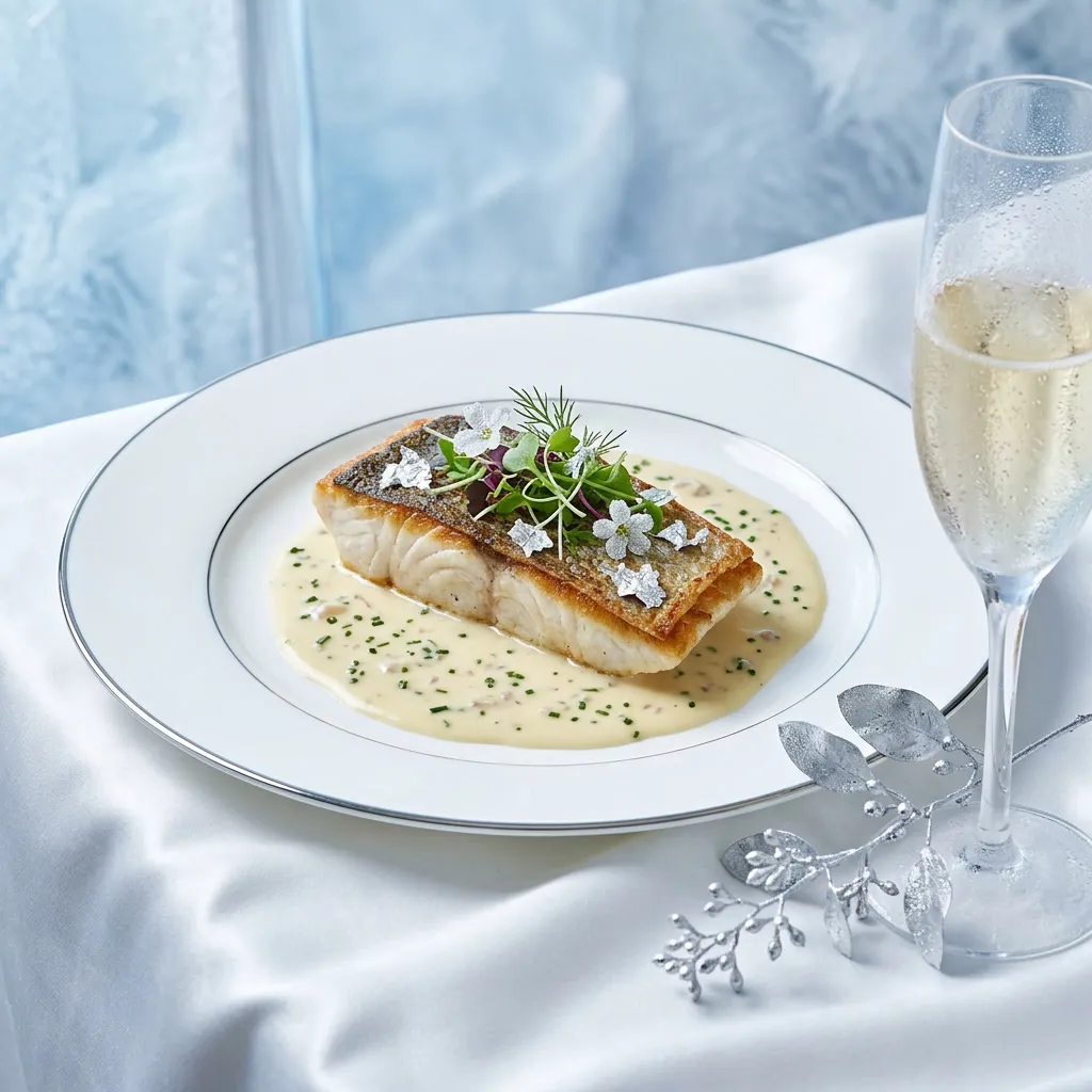 Plato firma winter con filete de lubina, beurre blanc, hojas de plata comestible y flores blancas